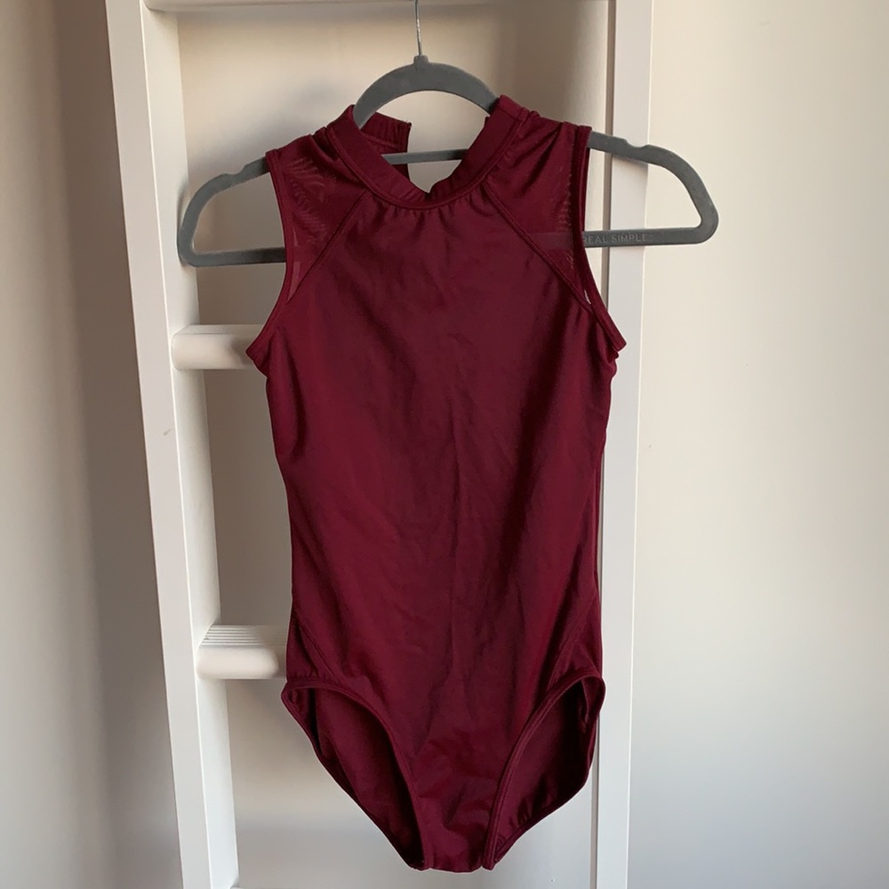 Maroon leotard, high neck with mesh